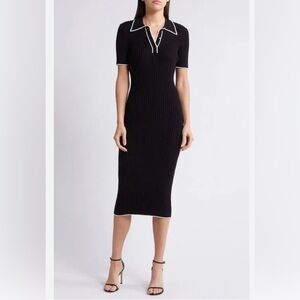 Black Ribbed Polo Dress with White Trim